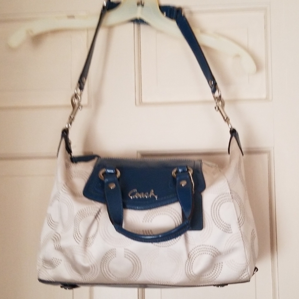 Coach Ashley Dotted Shoulder Bag With Blue Accent handle & detach strap